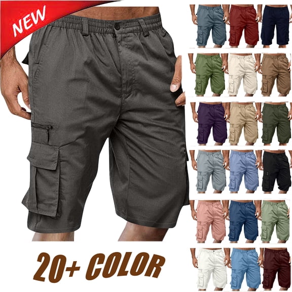 Tqyyweavej Mens Cargo Shorts Elastic Waist Solid Color Zip Lounge Shorts Mid Rise Stretch Botton Workout Shorts with Multi Pockets