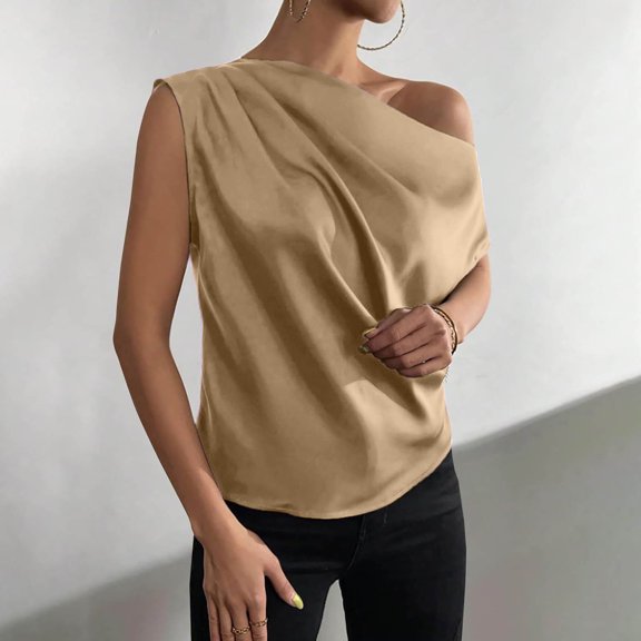 Women's Tennis Tanks Silk Satin Sleeveless U Neck Top with Lightweight Dressy Blouse Feel Casual Summer Sleeveless Shirt for Women Brown L