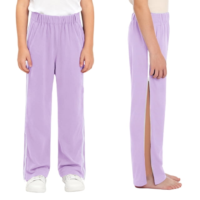 TTAO Unisex Children Side Zipper Tear Away Sweatpants Full Open Breakaway Post Surgery Pants for Hip Replacement Lavender 14