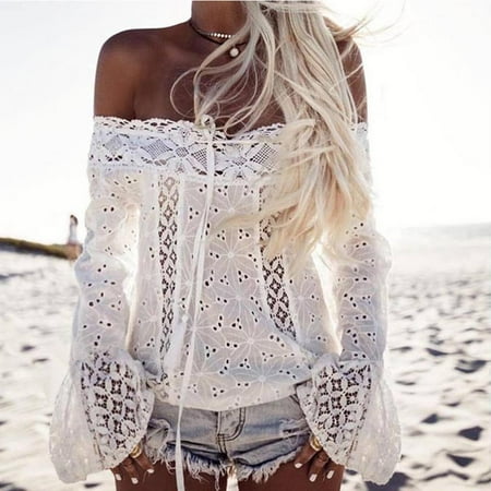 Lace Shoulder Button - Women Girls Off Shoulder Long Sleeves Lace Loose Blouse Tops T-Shirt
