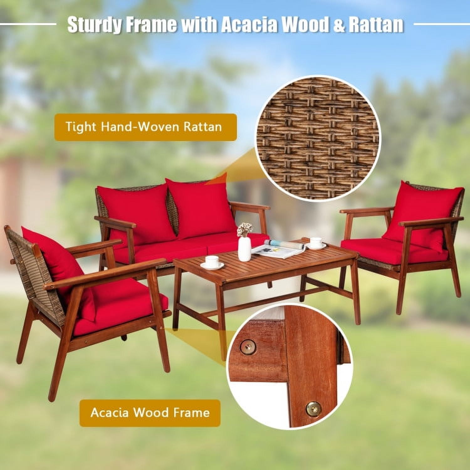Aimee Lii 4 Pieces Patio Wicker Rattan Furniture Set for Lawn Backyard, Acacia Wood Patio Outdoor Patio Furniture, Red Aimee Lii 4 Pieces Patio Wicker Rattan Furniture Set for Lawn Backyard, Acacia Wood Patio Outdoor Patio Furniture, Red