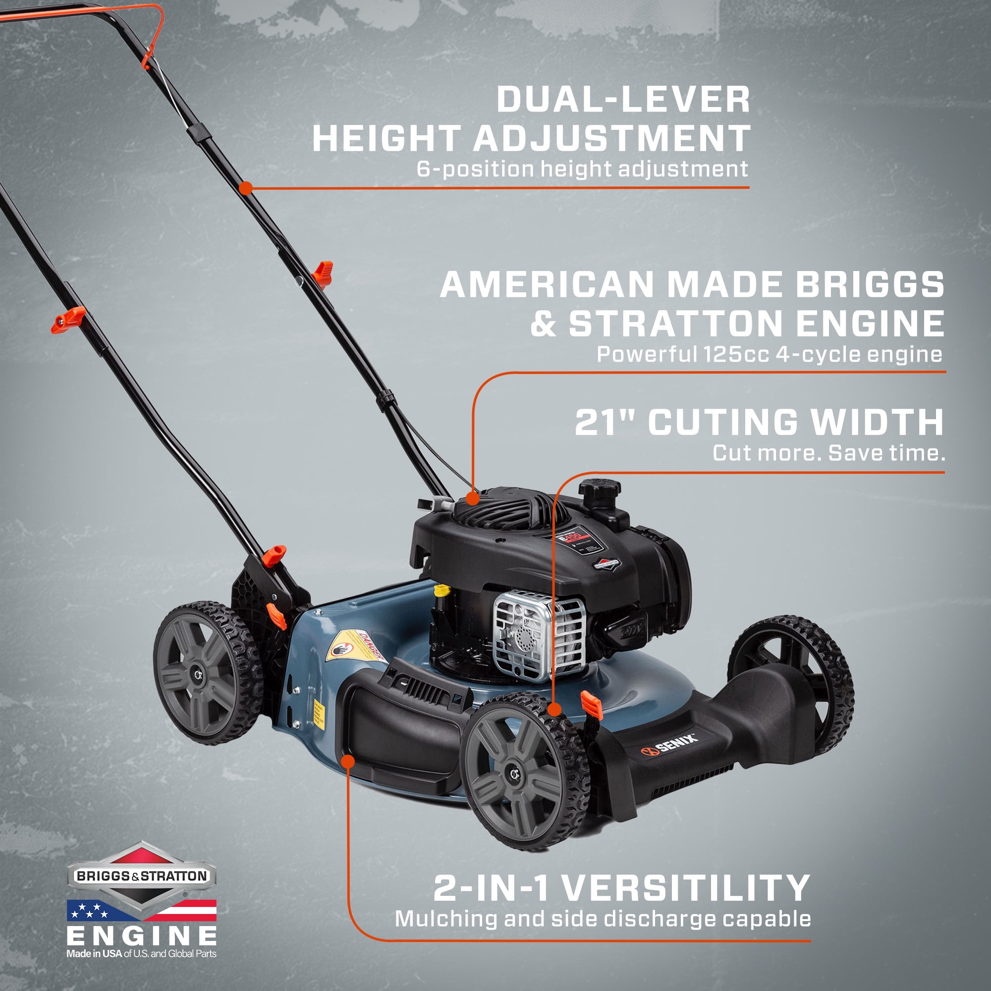 SENIX Lawn Mower 21in Cuttting Blade 22in Cutting Deck, 125 cc 4-Cycle Briggs & Stratton Engine Push Mower, Mulch & Side Discharge, 6 Position Height Adjustment, LSPG-M3