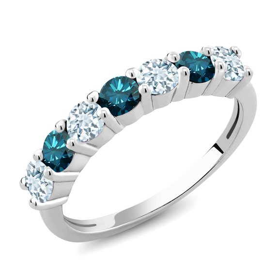 Gem Stone King 925 Sterling Silver Round Sky Blue Aquamarine Blue Diamond Anniversary Ring for Women (1.13 Cttw, Gemstone Birthstone) (Size 5)