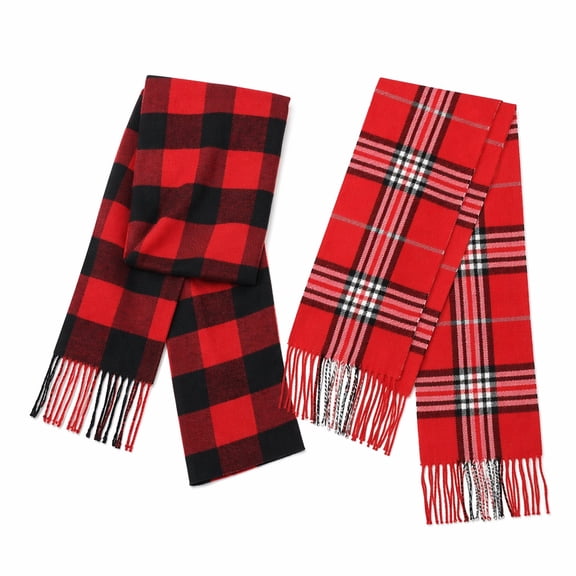 2 pack Unisex Plaid Viscose Scarf, Lightweight Fringed Winter Wrap Scarves for Daily & Holiday Outfits