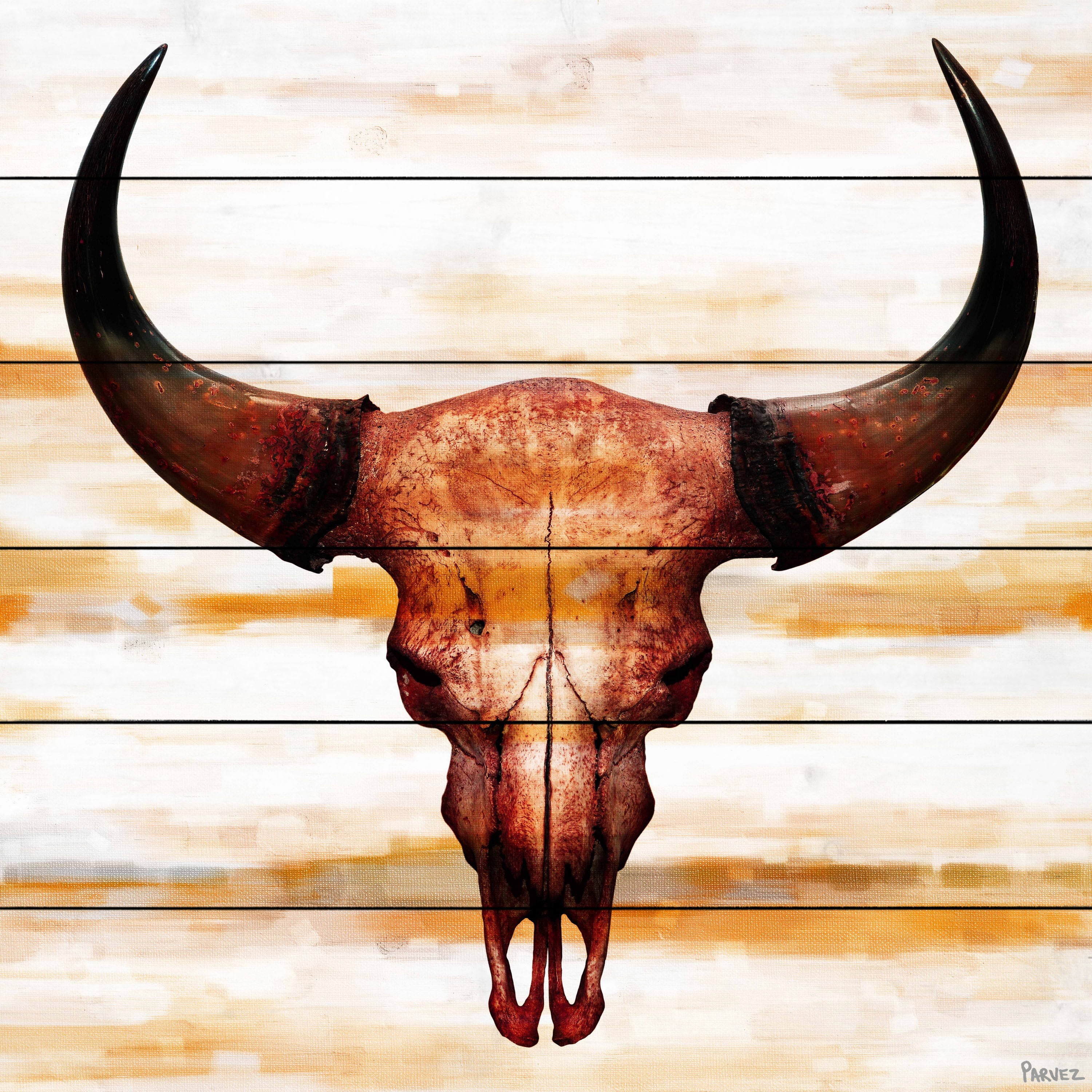 Parvez Taj  - Burnt Orange Skull Painting Print on White Wood - Multi-Color 32 x 32