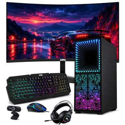 TechMagnet Horizon+ RGB Gaming PC, Core i7 8th Gen, 32GB RAM, 1TB SSD, GTX 1660 Super, 24" Curved Monitor, RGB Keyboard Mouse, Headset, Webcam, Wi-Fi, Win 11