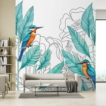 Idea4wall 3pcs Vibrant Kingfisher and Foliage Colorful Bird and Tropical Leaves Wall Murals, Not Peel and Stick, Non-Woven Wallpaper Large Wall Decoration for Rooms, 72"x132"