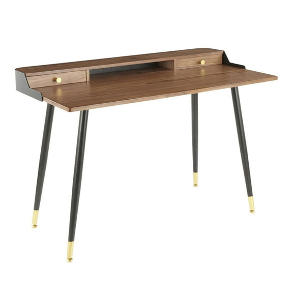 Harvey Mid-Century Modern Desk In Black Metal And Walnut Wood With Gold Accent