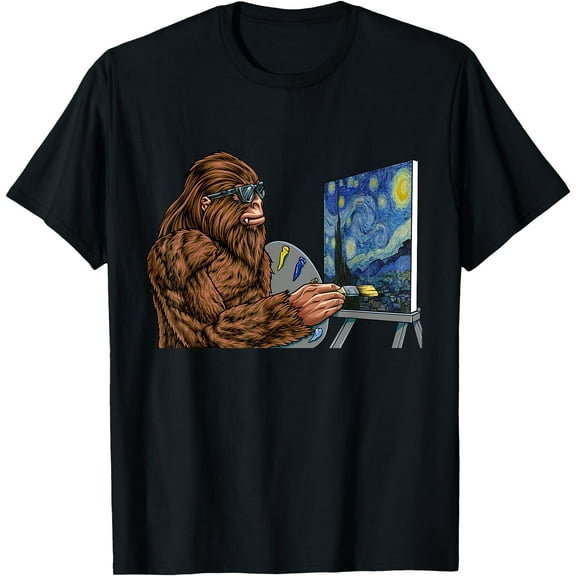 Starry Night Bigfoot Painting Funny Sasquatch Graphic Art Unisex T-Shirt for Men Women Kids Toddler