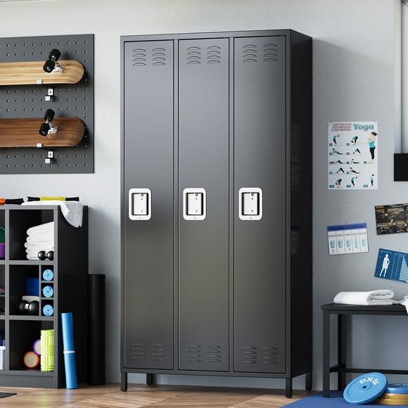 70 Inch Tall 6 Door Industrial Metal Locker, Steel Storage Cabinet with Locks & Heavy Duty Hooks for Gym School Office Workshop, Black