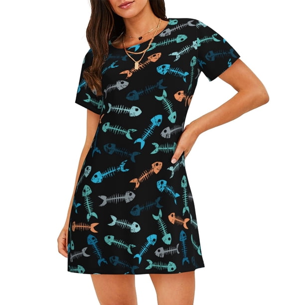 Easygdp Little Fish Skeleton Camisón de manga corta para mujer, informal, estampado