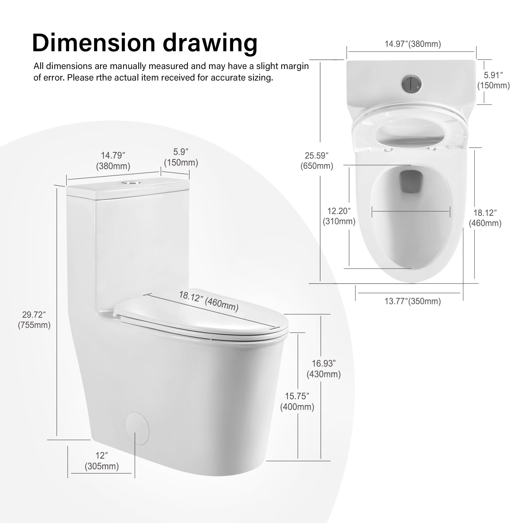 TrumanPick Elongated One Piece Toilet Dual Flush, 17" ADA Comfort Chair Height Seat Compact Toilet for Bathroom, Standard 1.1/1.6GPF, 12" Rough-in, White