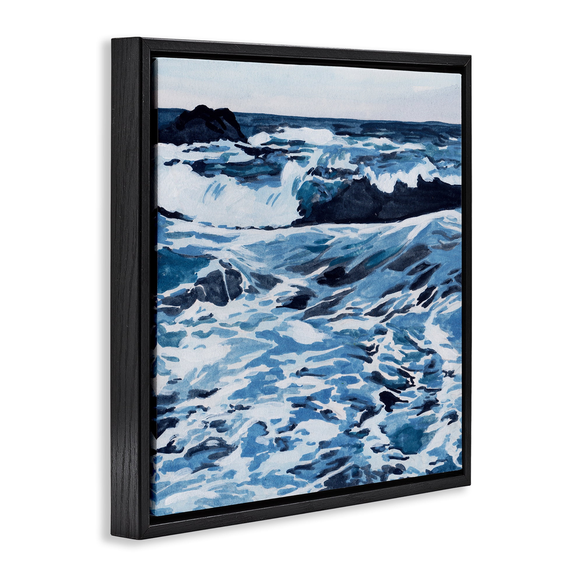 Stupell Industries Blue Coastal Waves Landscape Painting Black Floater Framed Canvas Art Print Wall Art, 18 x 18