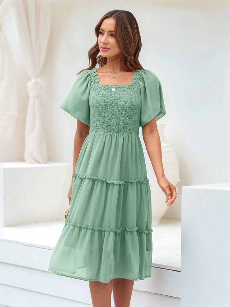 Women'S Summer Casual Flutter Sleeve Square Neck Smocked Midi Dress Green M