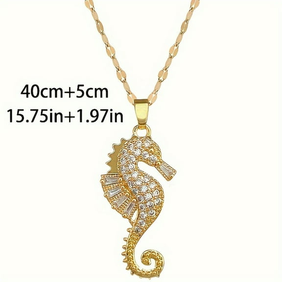 Women's Stainless Steel Seahorse Pendant Necklace with Rhinestones, Elegant Holiday Jewelry Gift for Ages 14 , Plated for Durable,Gold