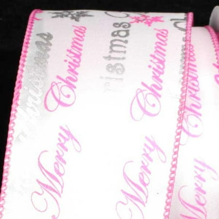 Merry Christmas Printed Pink/Silver & White Wired Craft Ribbon 2.5" x 40 Yards