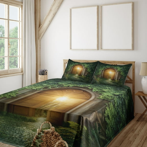 Ambesonne Green Fitted & Top Sheet Set with Shams, Mystic Vivid Sun Beams, Green and Brown