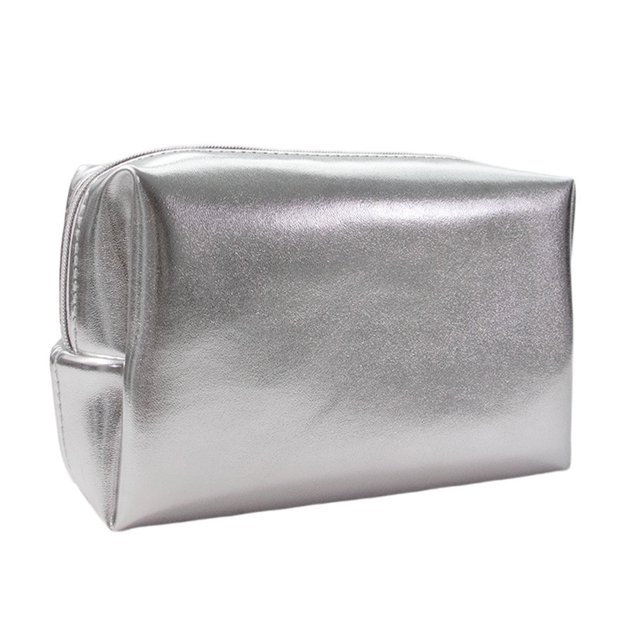 Bolsa de maquillaje, bolsa de maquillaje cosmética de cuero PU con cremallera para mujer bonita, color plateado