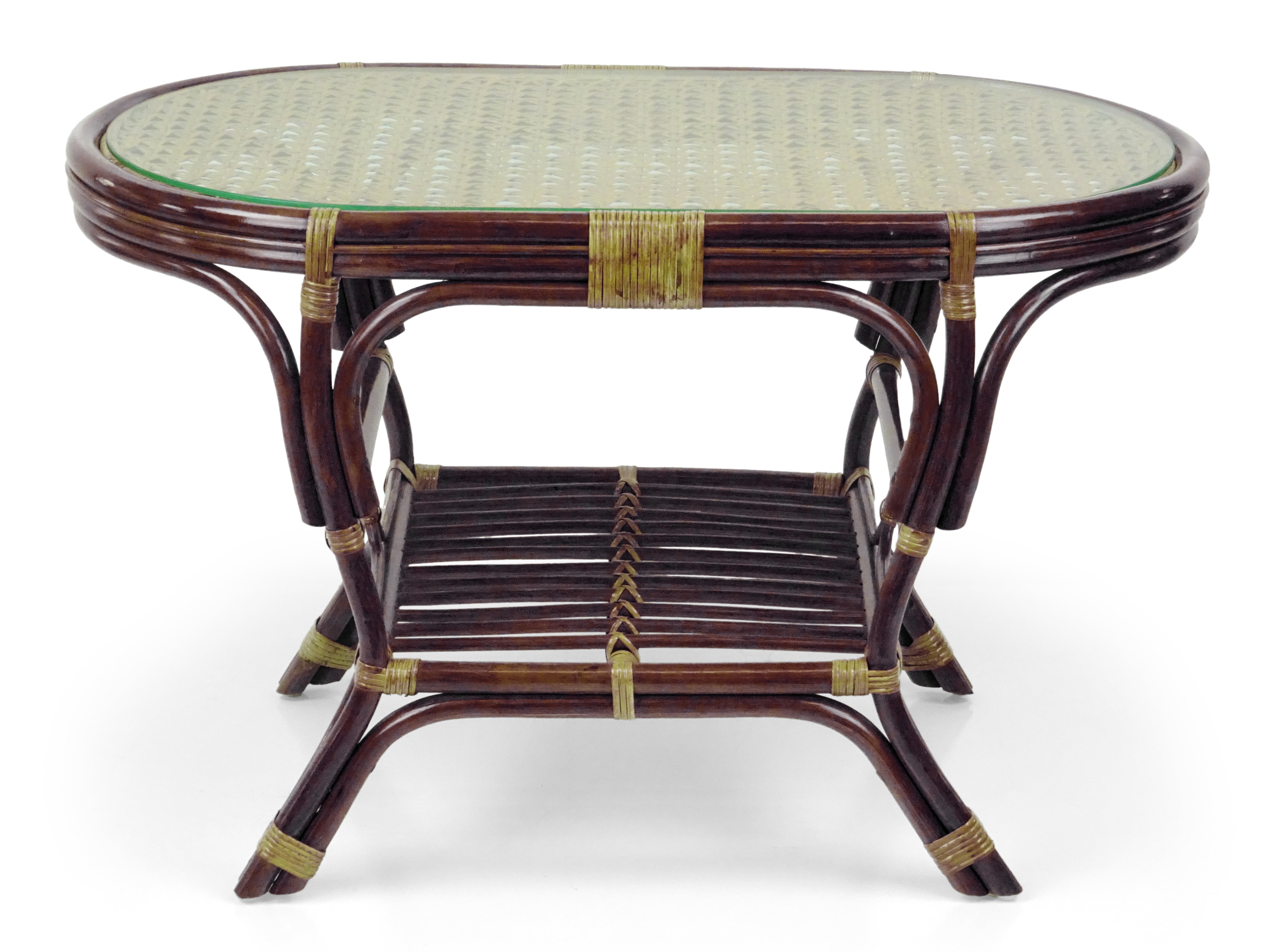 SK New Interiors Pelangi Oval Coffee Table Natural Rattan Wicker ECO Handmade Design w/ Glass Top, Dark Brown