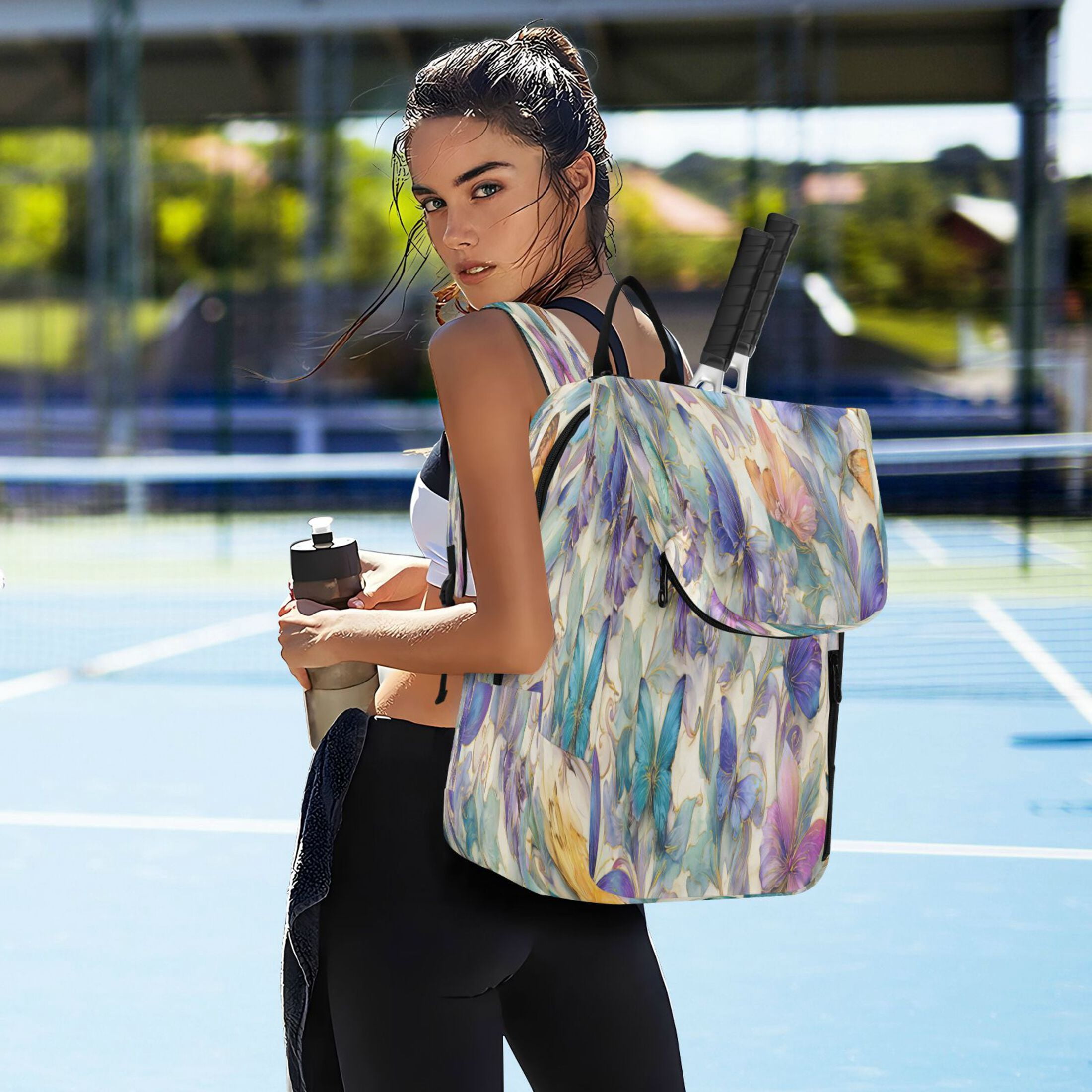2 Racquet Holder Tennis Backpack Tennis Racket Covers Gym Bags Elegant Watercolor Butterfly Painting