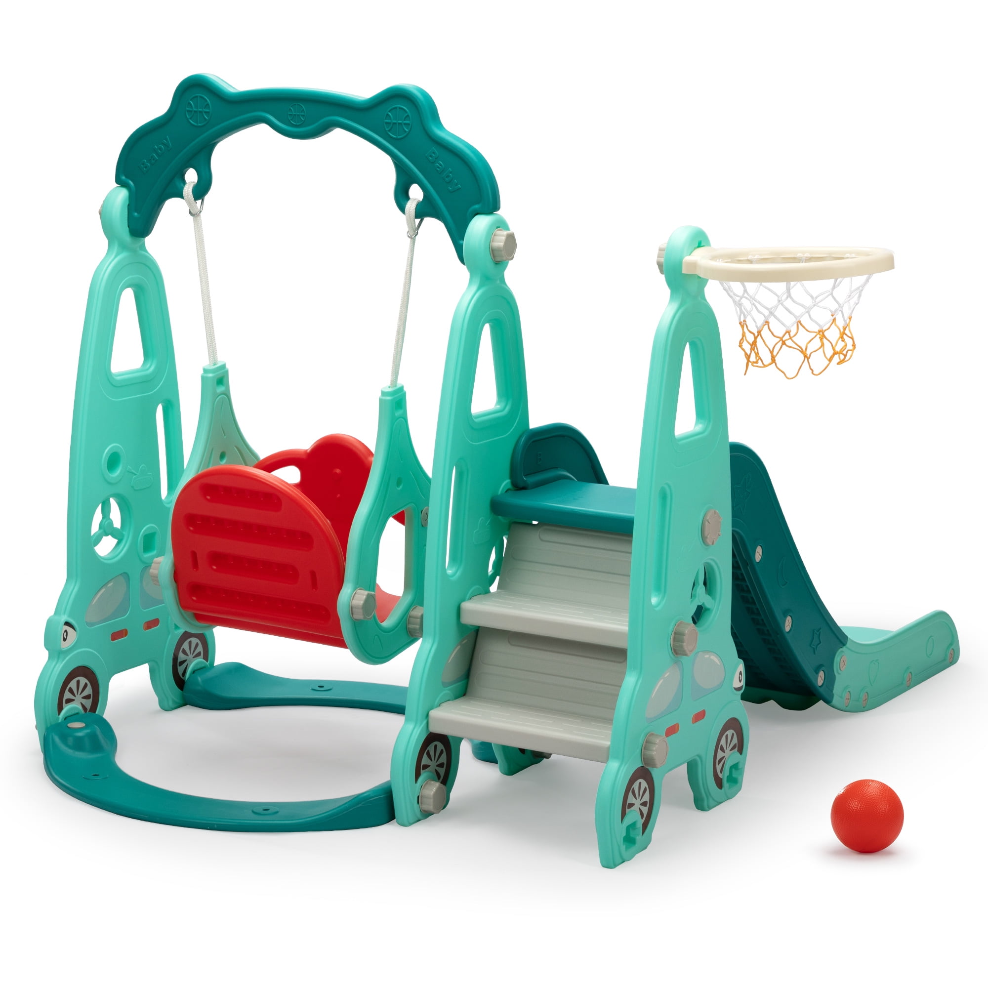 4 in 1 Slide Climber Swing Set, Freestanding Toddler Slide Climber Playset with Basketball Hoop, Toddler Playground Indoor Outdoor, Easy Setup