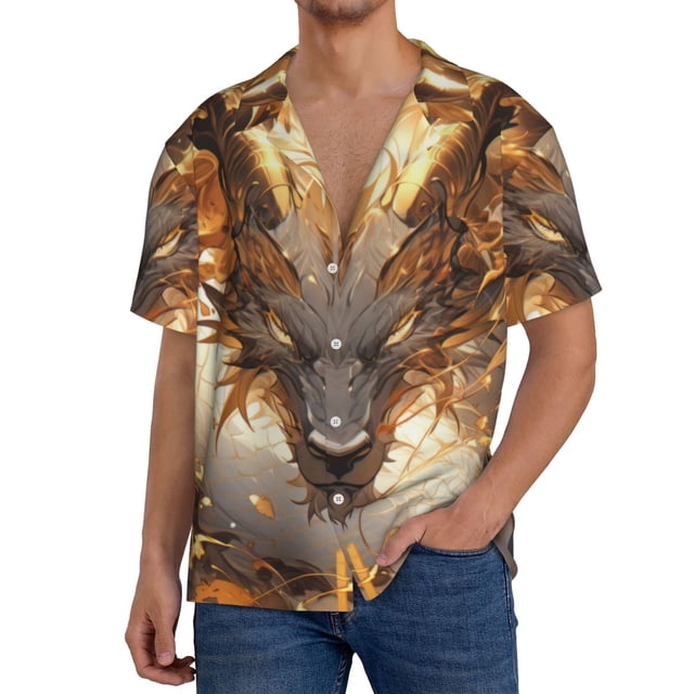 Fotbe Golden Horned White Dragon Camisa Estampada de Manga Corta para Hombre, Casual de Verano, Estilo Playero, Sin Arrugas-3X-Large