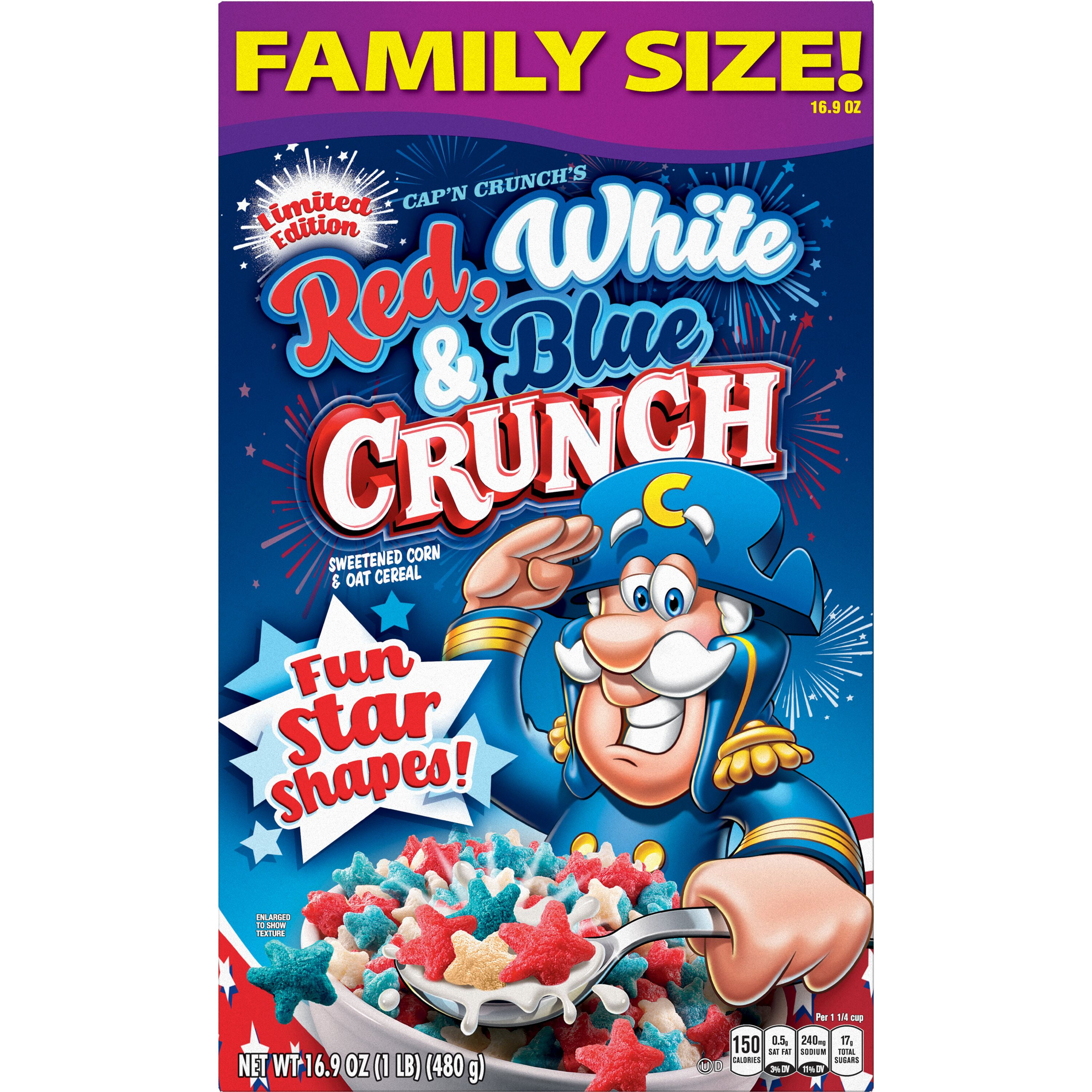 Cap'n Crunch's Sweetened Red White & Blue Crunchy Corn & Oat Cereal, 16.9 oz, Family Size Box