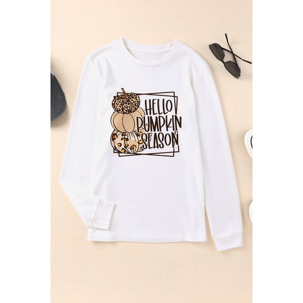 ABPHQTO Camiseta de manga larga con estampado gráfico de HELLO PUMPKIN SEASON de mujer de color blanco