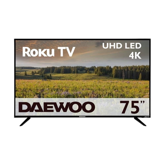 tv daewoo 75 pulgadas led uhd 4k daw75urf televisor Daewoo 75" Smart TV Roku con pantalla LED UHD 4K, vista frontal centrada en marco negro ultra fino y peanas en V; paisaje mostrado en pantalla y logotipo Roku visibles.