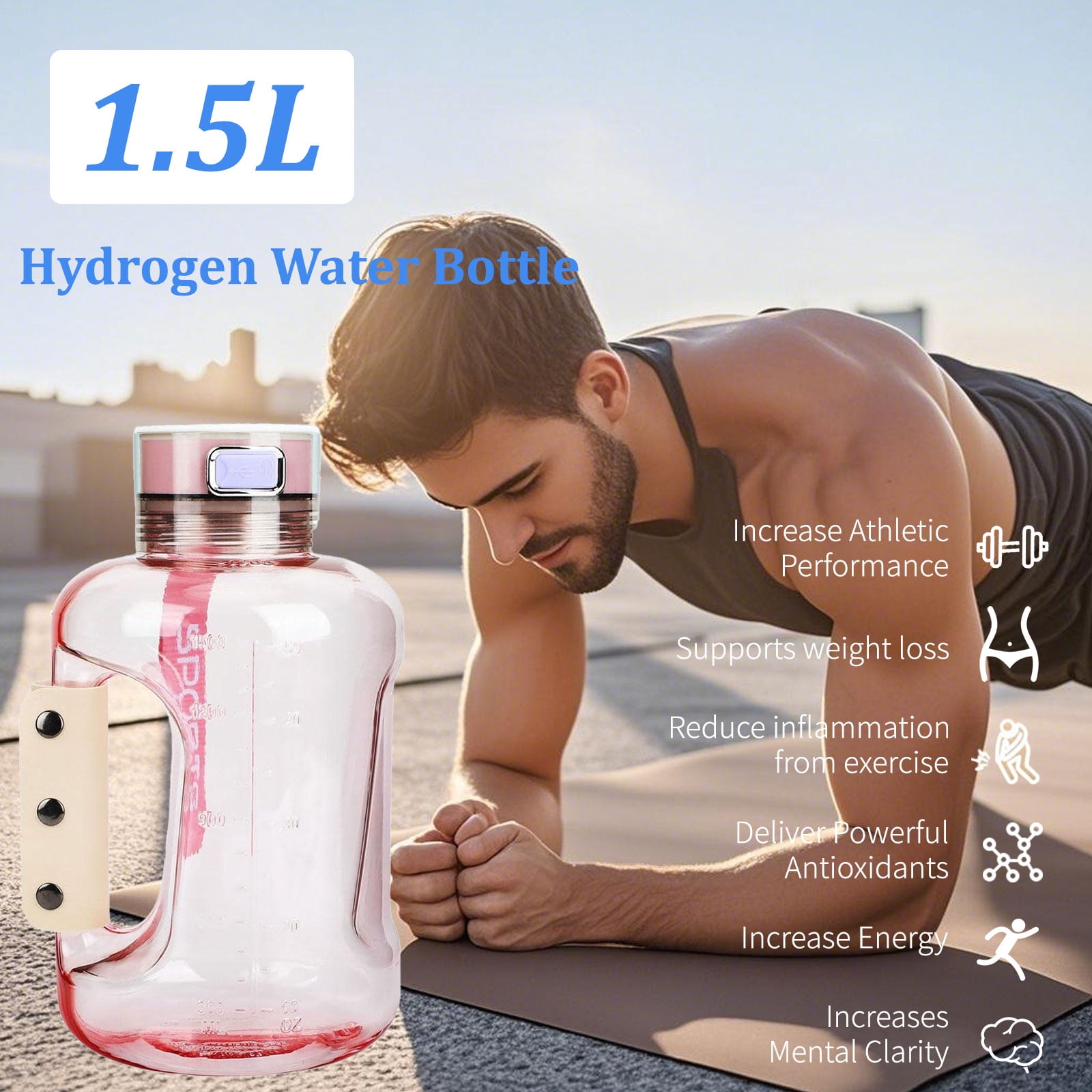 50oz Hydrogen Water Bottle, 1.5L Portable Sports Ionizer with Handle and Shoulder Strap