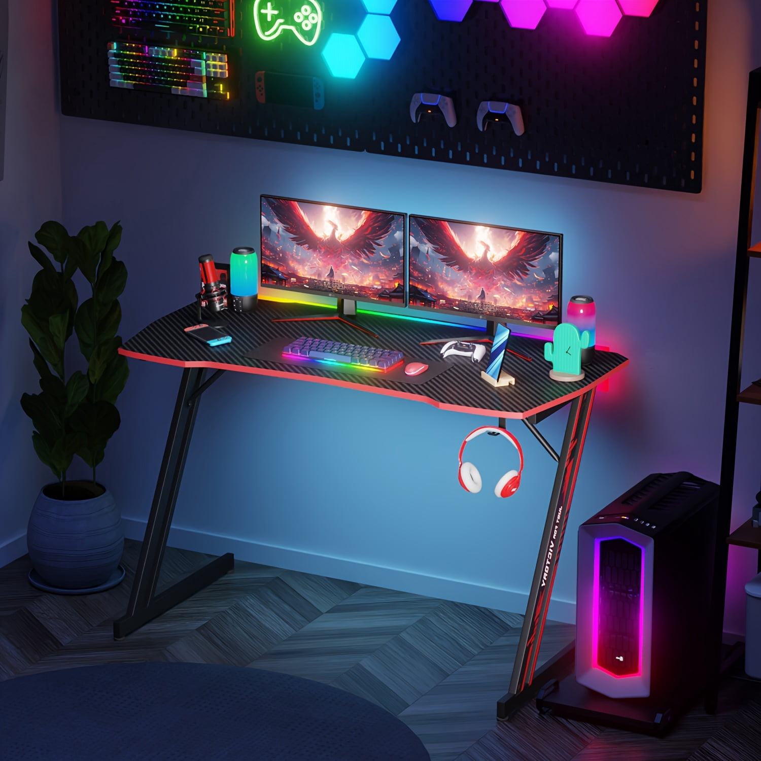 47" Gaming Desk Z Shaped Gaming Desk Large Home Office Desks PC Computer Desk Workstation Study Desk Table Ergonomic Gamer Desk Wood Writing Desk with Headphone Hook for Game Player, Red