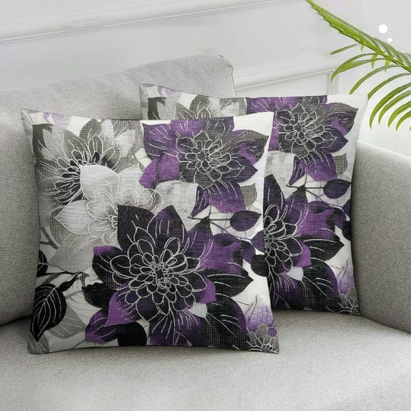 Acheng Black Purple Pillow Covers Dahlia Flower White Gray Elegant Colored Throw Pillows Farmhouse Outdoor Decor for Home Living Room Sofa Bed Modern Floral Square Cushion Case,Set of 2 White