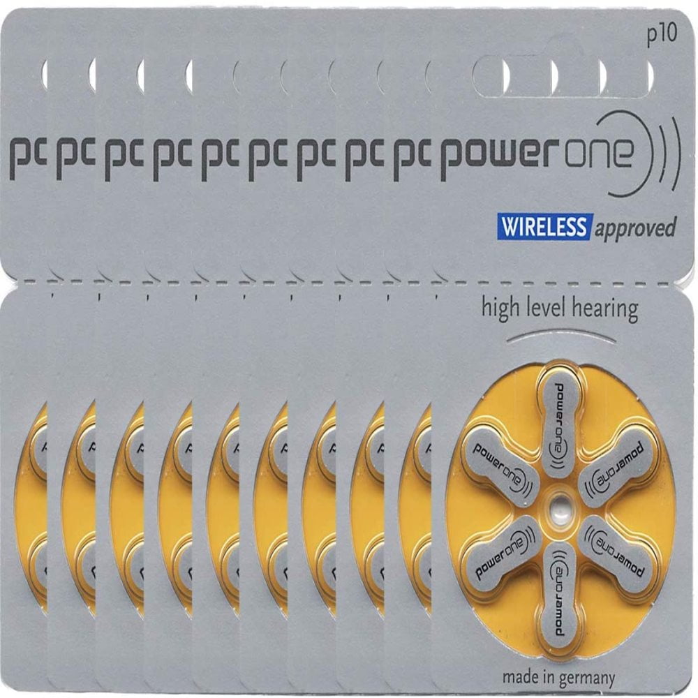 60 x Size p10 PowerOne Hearing Aid Batteries