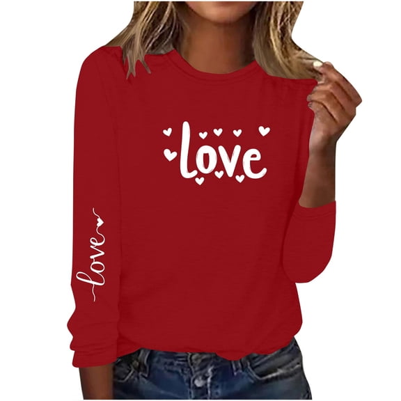 mihongmao Valentine Plus Size Tops for Women Long-Sleeved Round Neck Pullover Casual Printed Fashion Top T-Shirt Red M