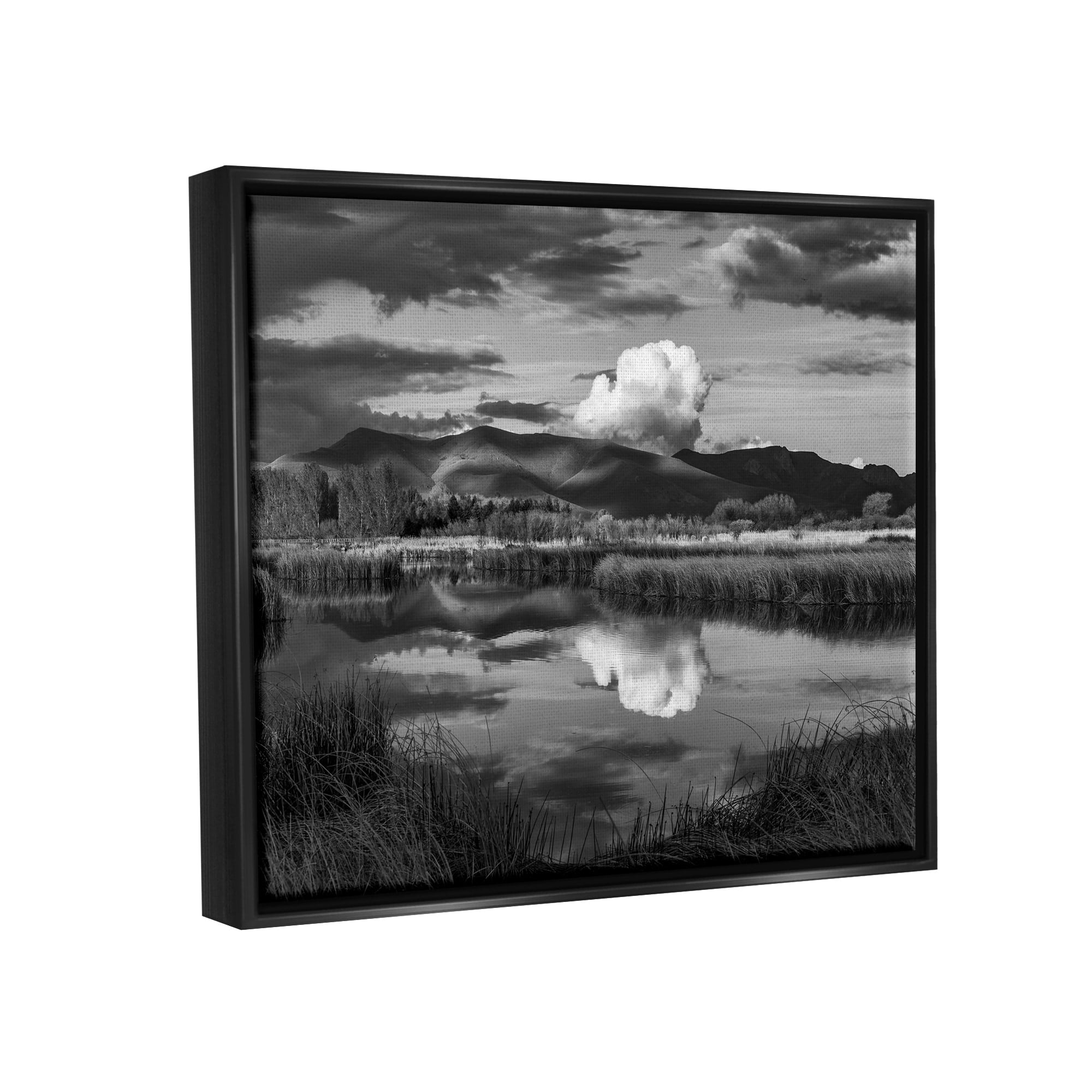 Stupell Industries Puffy Cloud Over Mountain Grassy Marsh Landscape Photograph Jet Black Floating Framed Canvas Print Wall Art, Design by Steve Smith