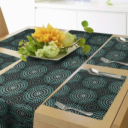 

Ikat Table Runner & Placemats Retro Style Floral Composition with Dotted Motifs Native Culture Set for Dining Table Decor Placemat 4 pcs + Runner 12 x72 Teal Black and White by Ambesonne