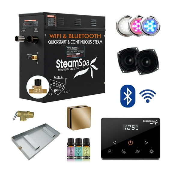 Black Series 7.5KW Steam Bath Generator with Advanced Touch Screen, BLUETOOTH WIFI Control, and Auto Drain in Gold