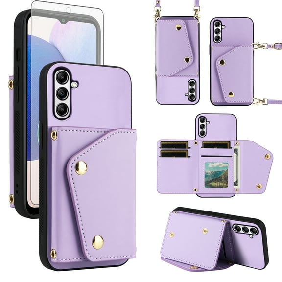 Furiet Wallet Case for Samsung Galaxy S23 FE 5G with Tempered Glass Screen Protector Slim Flip Purse Shoulder Strap, Luxury PU Leather Card Holder Stand Phone Cover for S 23 EF S23FE 23S Purple