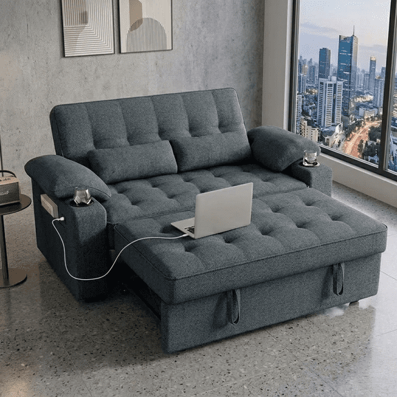 Howcool 58" Sleeper Sofa Bed, Convertible Pull Out Couch Bed Corduroy Loveseat with Adjustable Backrest, USB Charging Ports, Cup Holders & Foldable Side Table for Living Room Apartment,Dark Grey