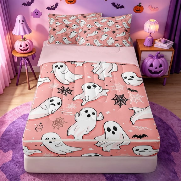Homewish Cartoon Halloween Ghost Zipper Twin Comforter Sets with Fitted Sheet and 2 Pillowcases,Spider Web Bat Pattern Zipper Bedding Set,Blush Pink White,Pink Reversible,4-Piece