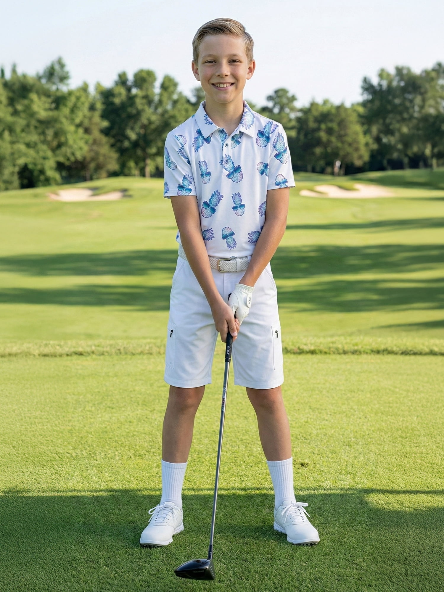Birdie Bound Boys Print Performance Golf Polo Shirt with UPF50, Sizes XS-XL