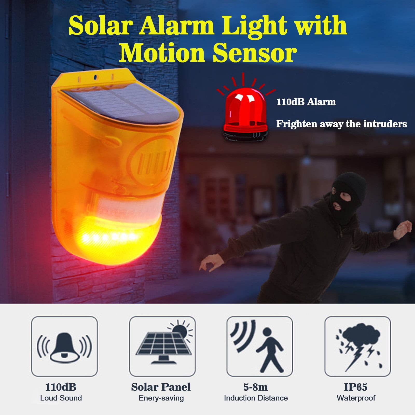 1 Pack Solar Light 110dB PIR Rechargeable Waterproof LED Sound Alarm Garden with Motion Sensor Built in Battery Energy Saving Warning Home Flashing Outdoor 