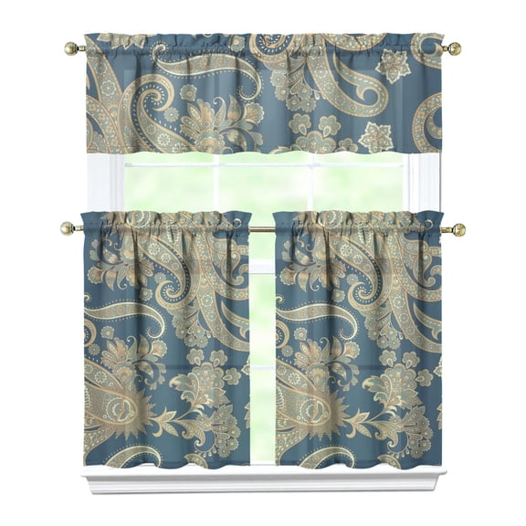 3 PCS Paisley Kitchen Curtains Set with Valance - Vintage Boho Tier Curtains for Small Windows, Semi-Sheer Rod Pocket Window Panels, Farmhouse Chic Decor