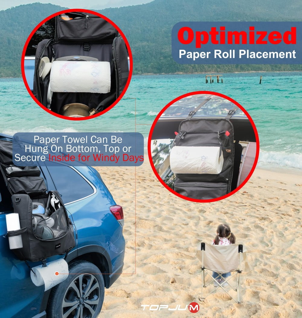 Camp Cooking Tools Storage Caddy Bag Camp Kitchen Cookware Organizer Bag with Zippered Compartments Removable Pouch Hook System Paper Towel Holder Portable Outdoor Camping Gear Bag