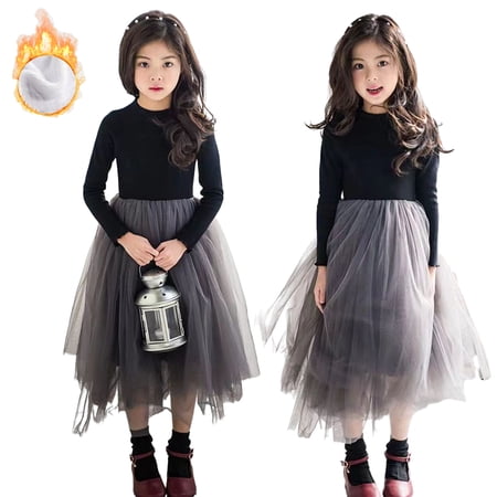 Esaierr Girls Fall Winte Dresses for Kids Toddler 3-12Y Baby Long Sleeve Pullover Fleece Tutu Dress Little Big Girls Dress Fluffy Tulle A-Line Princess Dress Tulle Skirt Black Party Dresses
