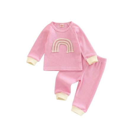 

Meihuida Infant Baby Girls 2 Pieces Outfits Rainbow Embroidery Round Neck Long Sleeve Waffle Tops Elastic Waist Long Pants Set