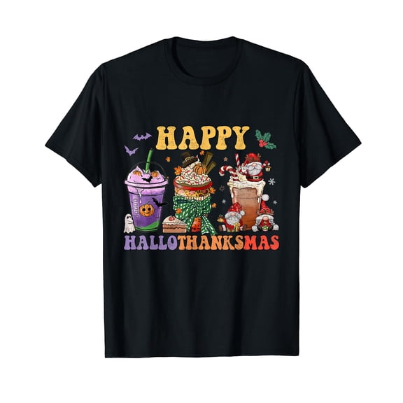 Coffee Halloween Thanksgiving Christmas Happy Hallothanksmas Black T-Shirt short sleeve Tee Gift
