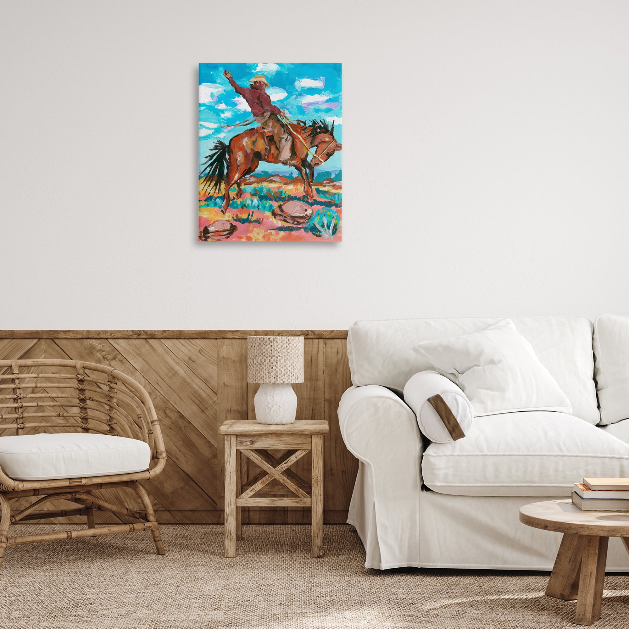 Stupell Industries Cowboy on Rearing Horse Animals Painting Wrapped Canvas Art Print Wall Art, 24 x 30