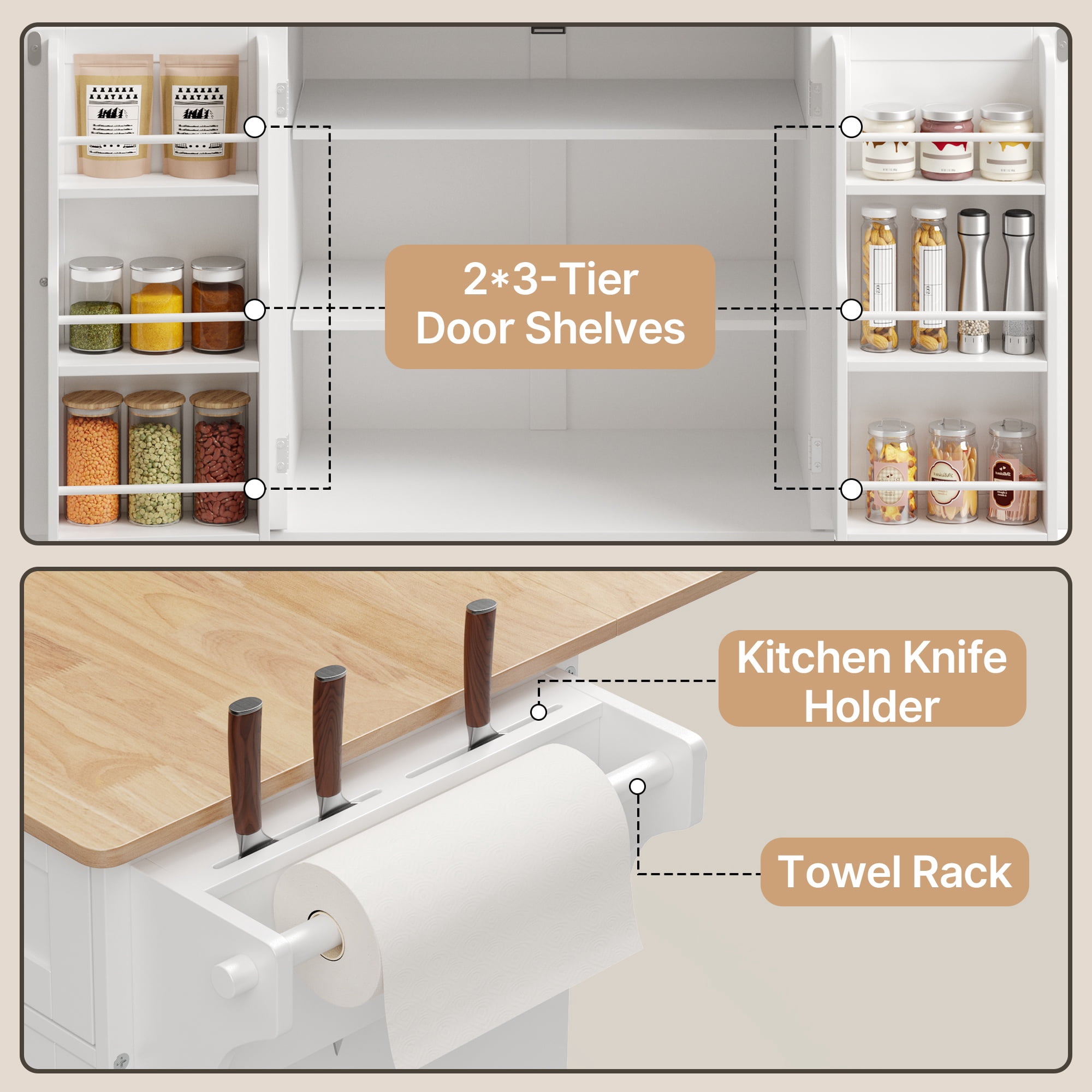 Noelse Large Kitchen Island Cart with Trash Can Storage, Rolling Kitchen Island on Wheels with Drop Leaf, White