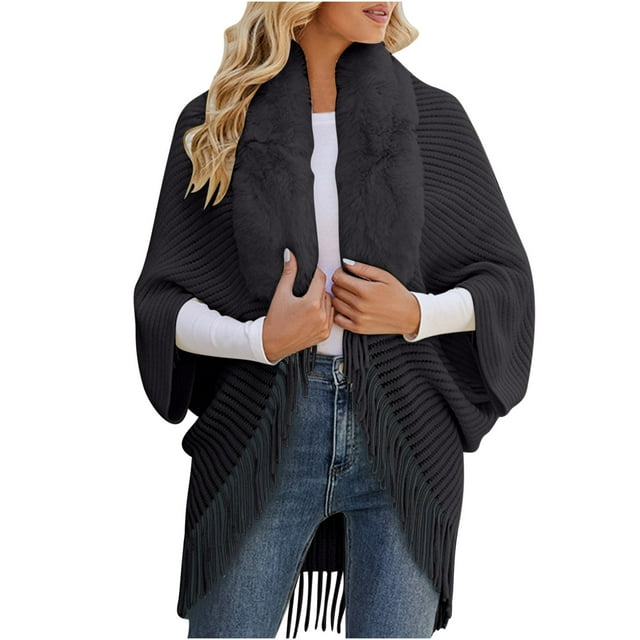 Yuyuzo Women Cardigans Tassles Batwing Sleeve Open Front Fleece Fuzzy Collar Irregular Hem Sweaters Outwear